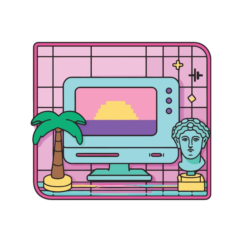 Retro computer monitor with palm tree and statue vector