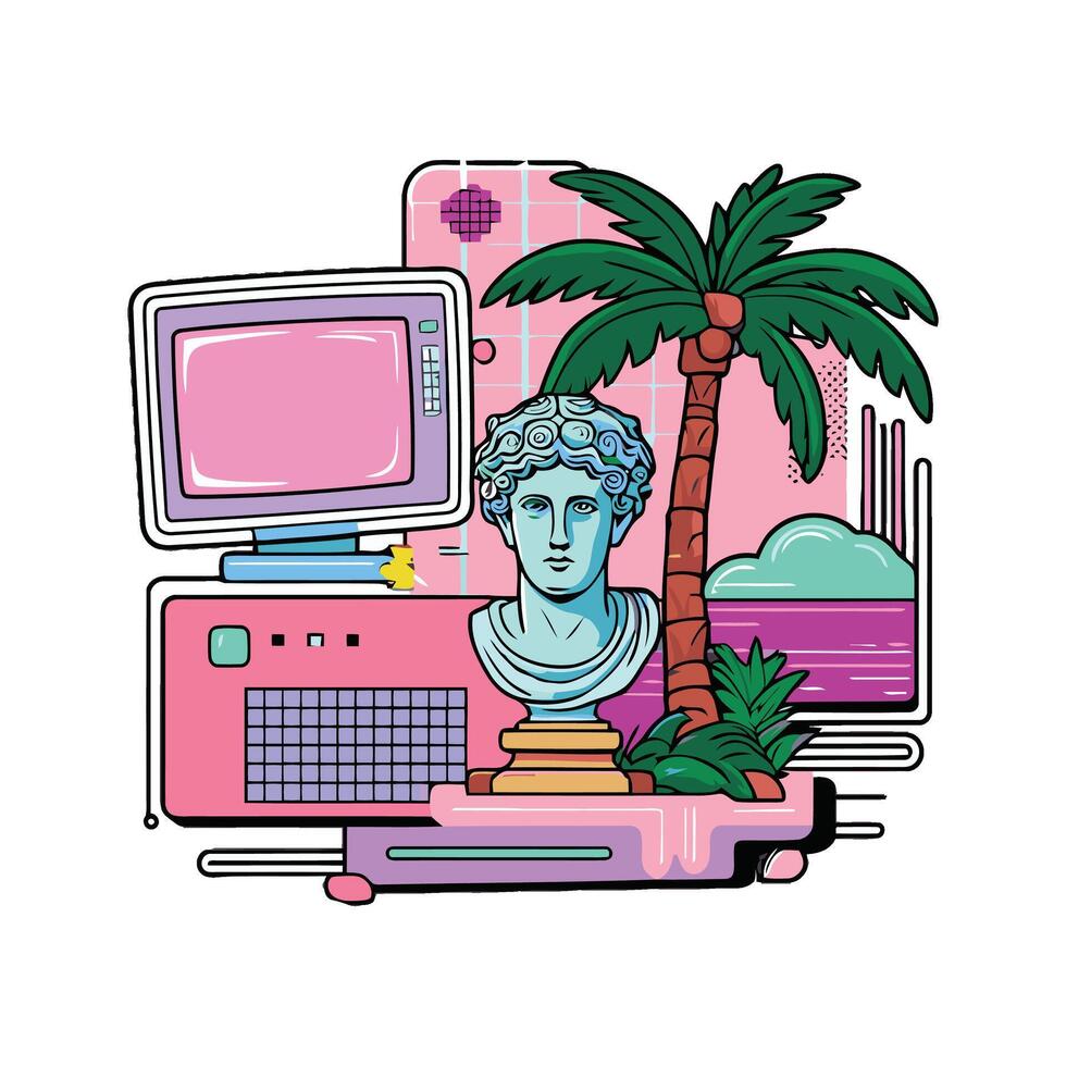 A computer with a statue and palm tree vector