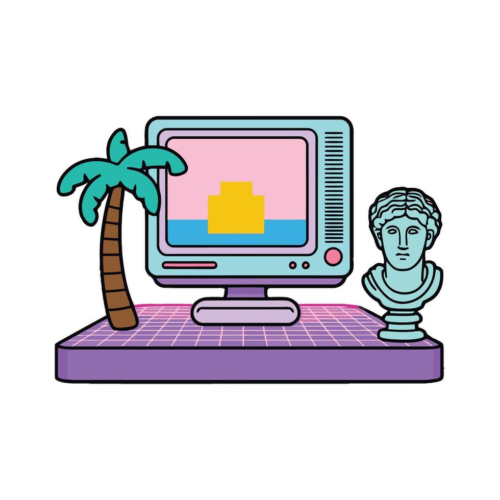 An illustration of a computer with a statue and a palm tree vector