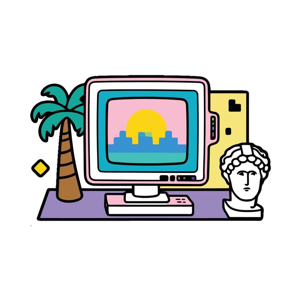 A computer with a palm tree and a statue vector