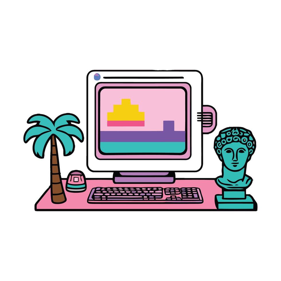 A computer with a palm tree and a statue vector