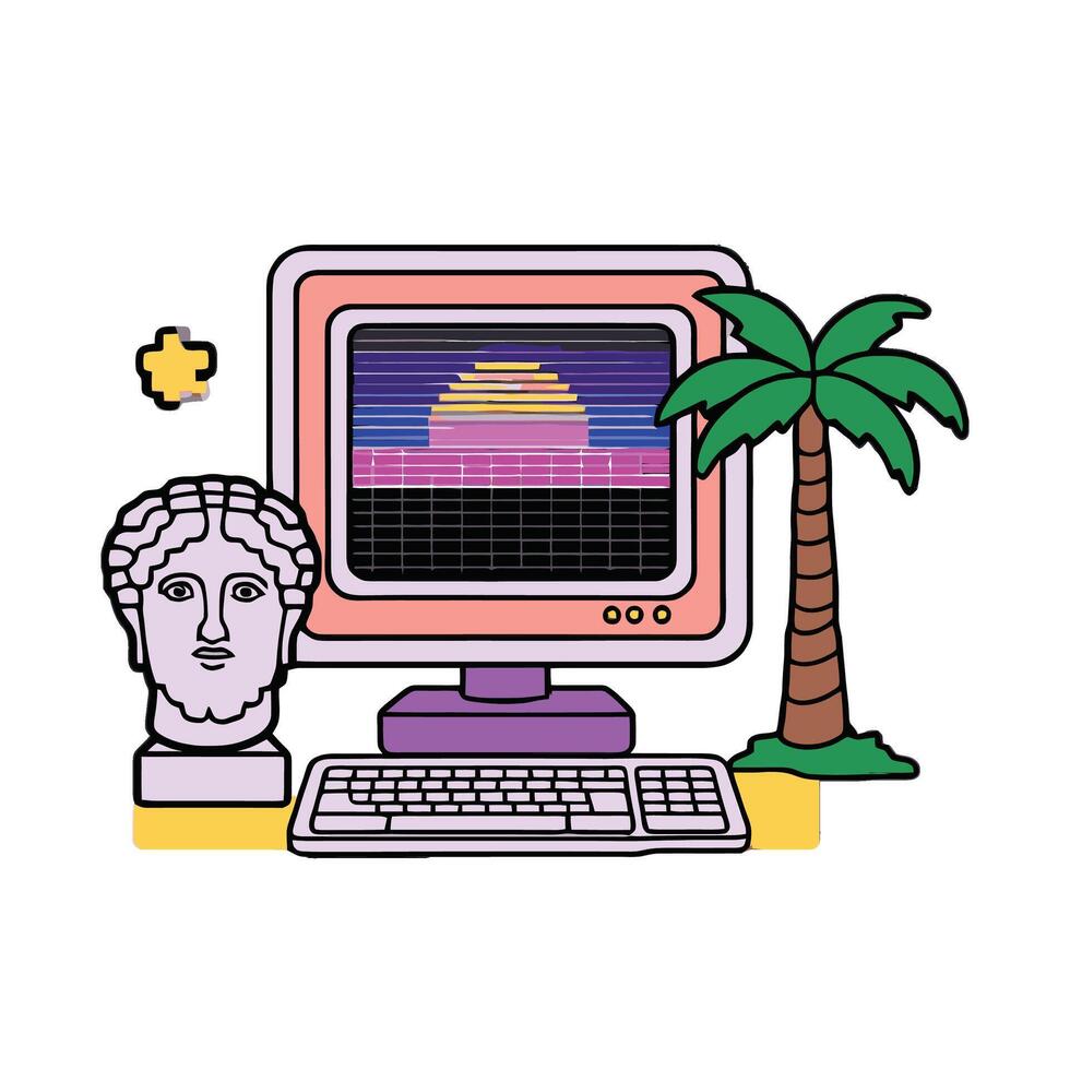 An old computer with a statue and palm tree vector