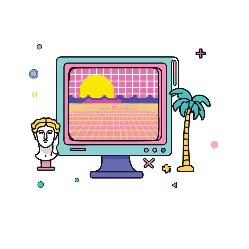 Retro computer with palm trees and a sunset vector
