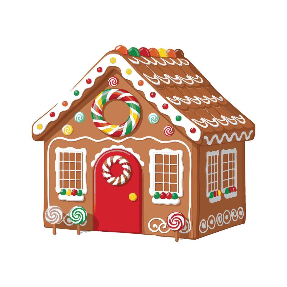 A gingerbread house with candy and candy canes vector