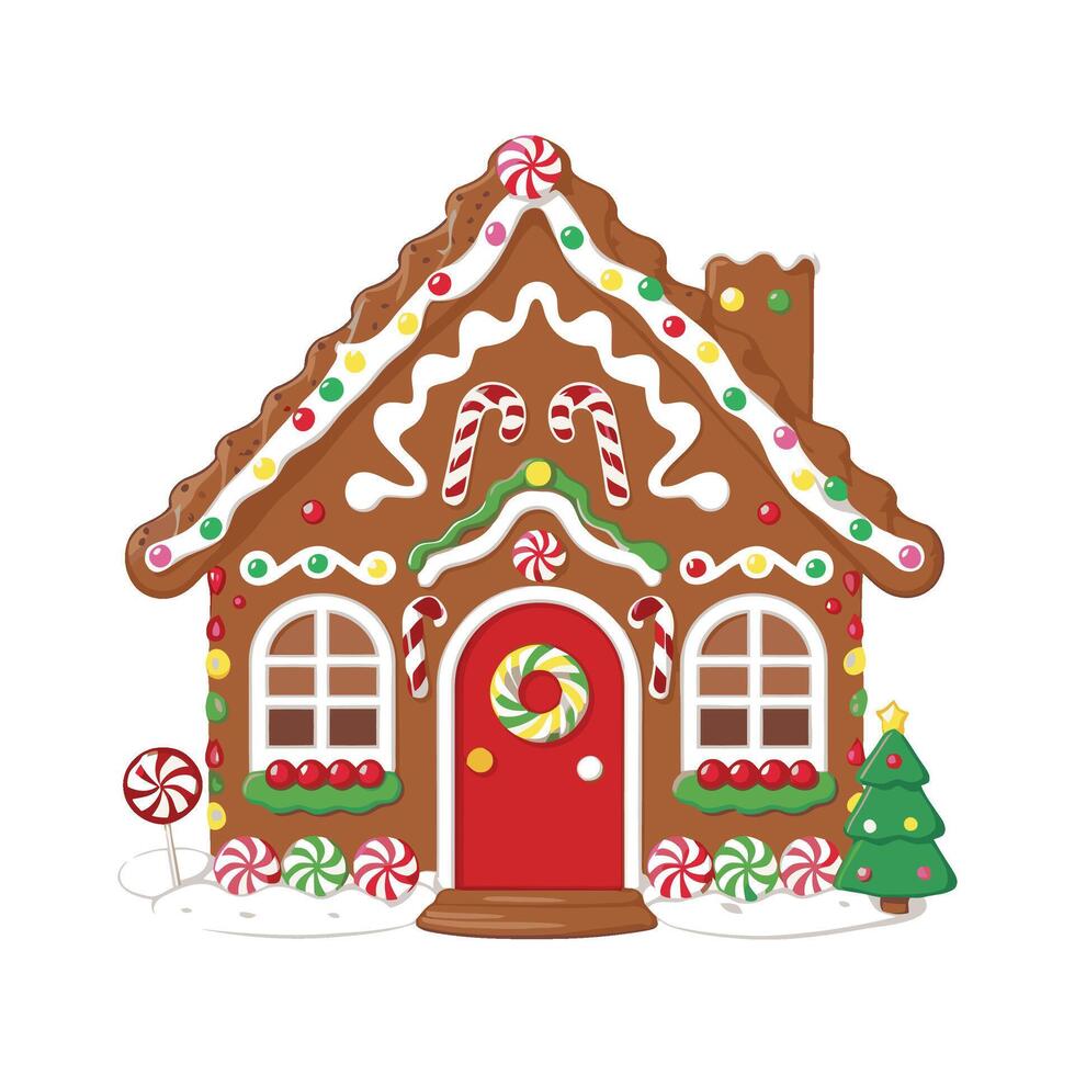 A gingerbread house with candy canes and a christmas tree vector