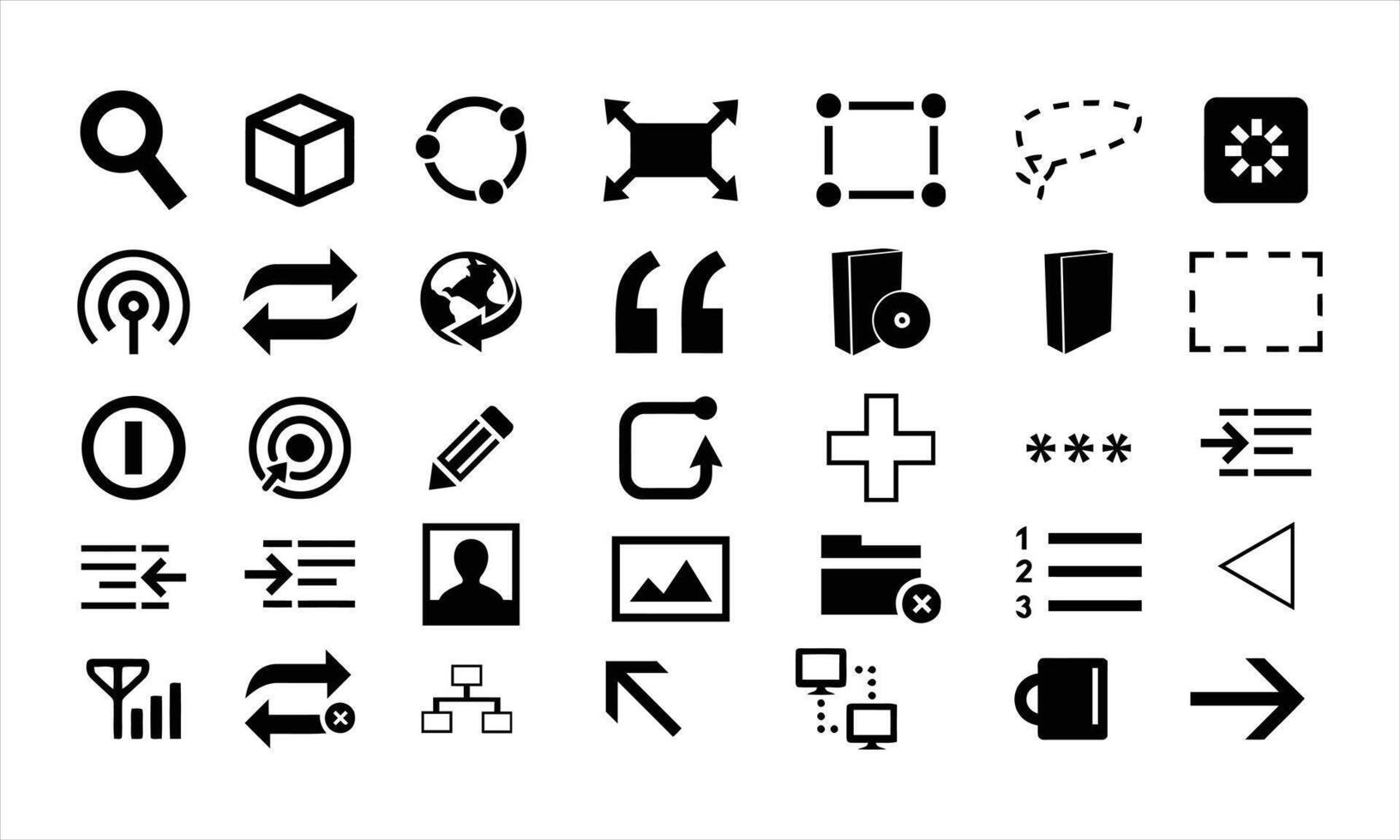 Black glyphs arrows, money, search, files, communication, devices, actions. vector