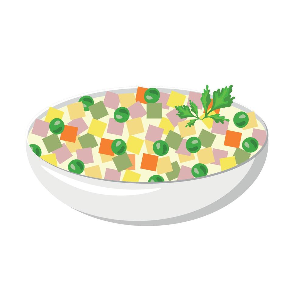 Plate with Olivier salad, dish, world cuisine, isolate on white vector