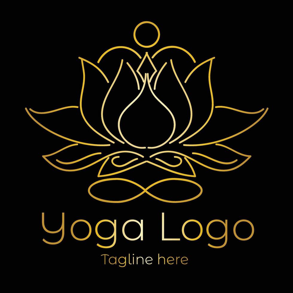Yoga logo line art abstract design illustration with dummy text on dark background. Health and spa service icon or logo. vector