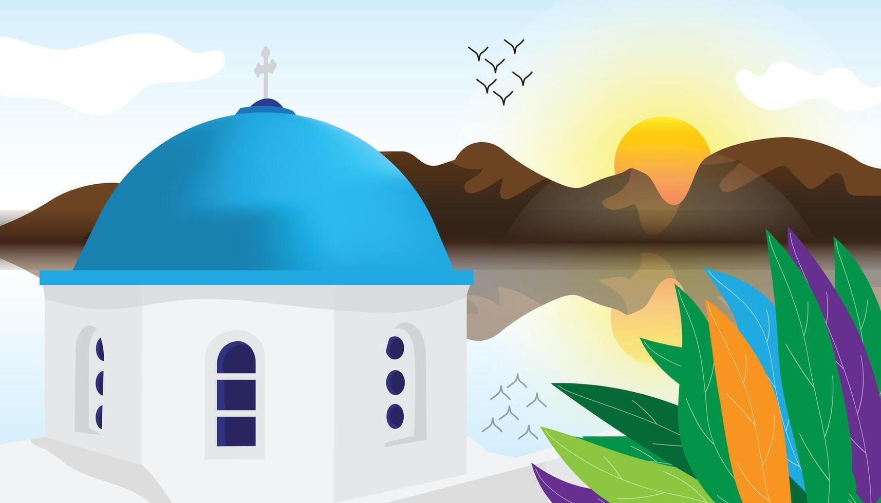 Greek church or Dome with beautiful nature landscape background with sky, leaves and water reflection illustration. vector