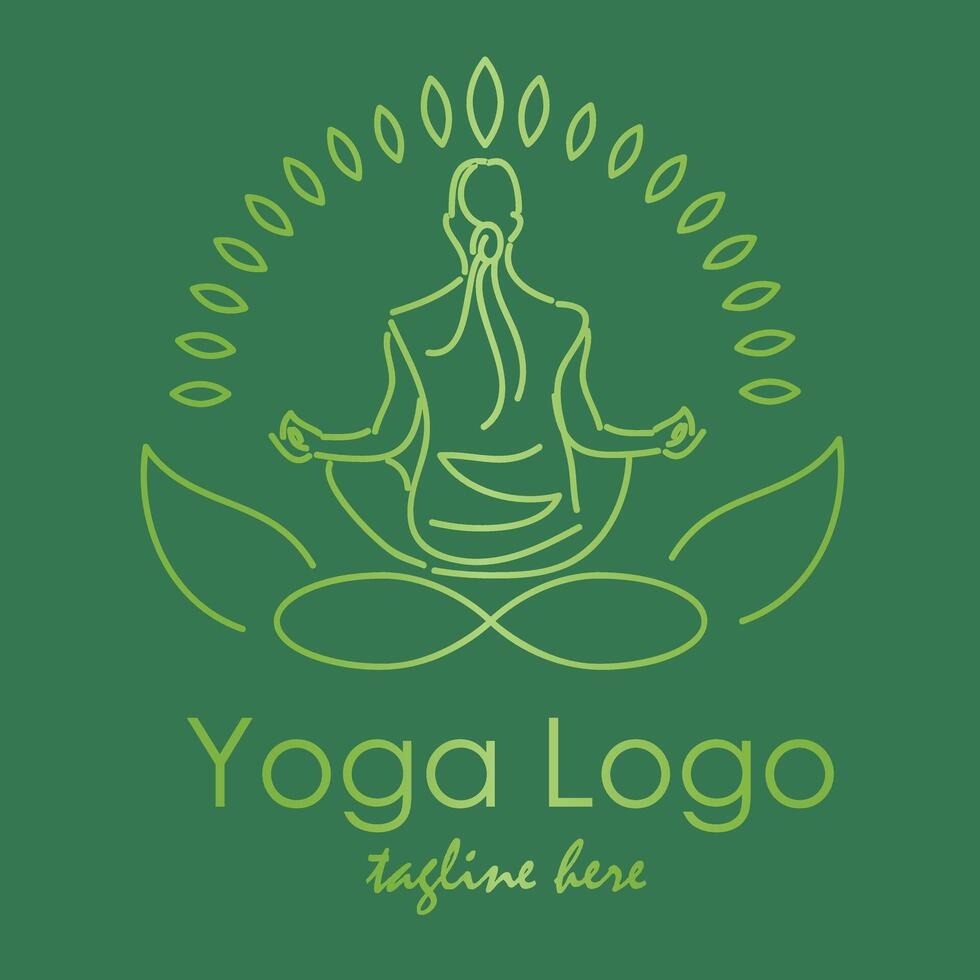 Yoga logo line art abstract design illustration with dummy text on green background. Health and spa service icon or logo. vector