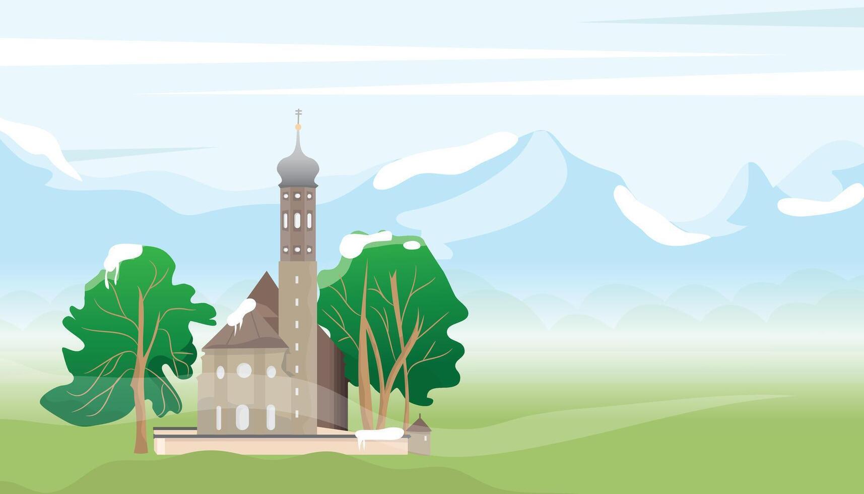 Mosque or church architecture with sky, green tree, Ice cold mountain and beautiful landscape with nature illustration. vector
