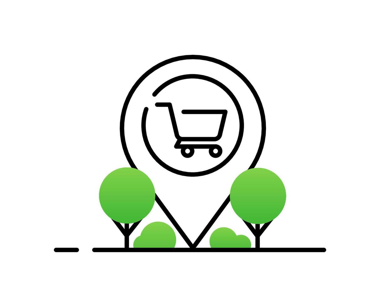 Location Marker Icon with Trees and Bushes, Black Line Art with Green Accent vector