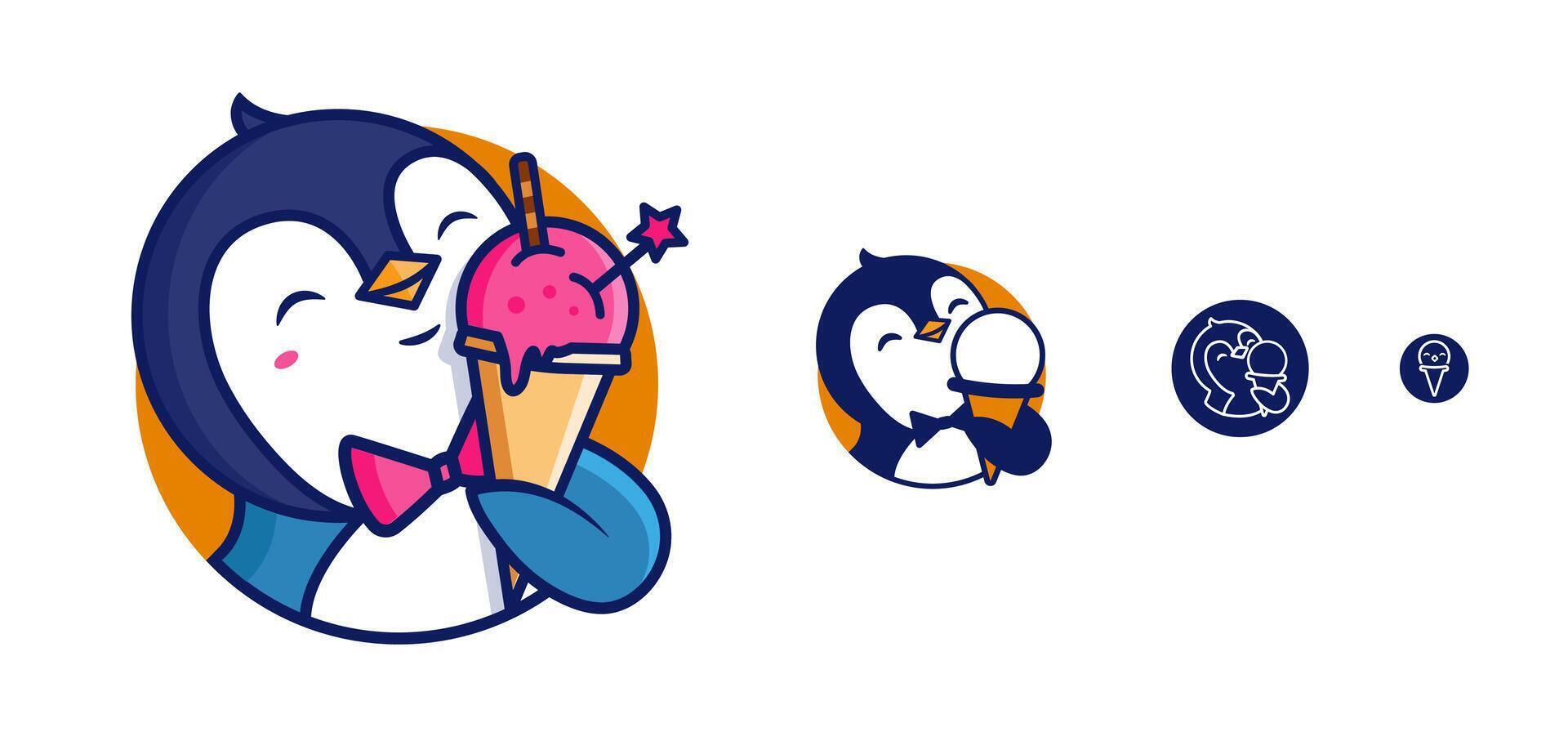 Adaptive Penguin Business Logo and icons, Minimalist Cartoon Style Penguin Eating Ice Cream vector