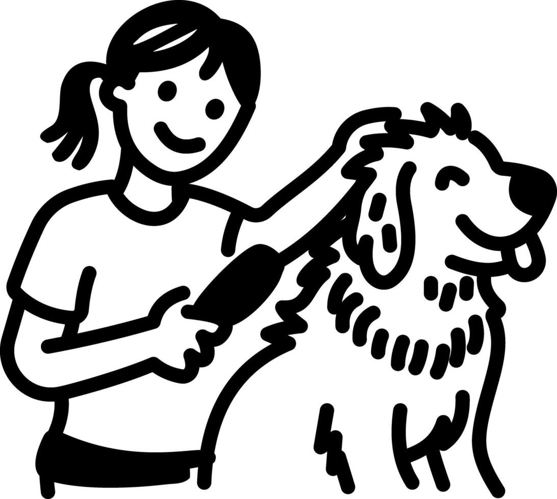 Hand drawn icon showing a person combing dog hair vector