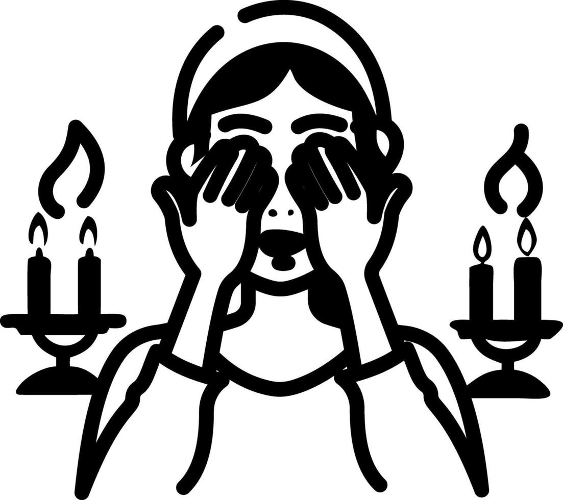 A woman worshipping shabbat candles with her eyes covered vector