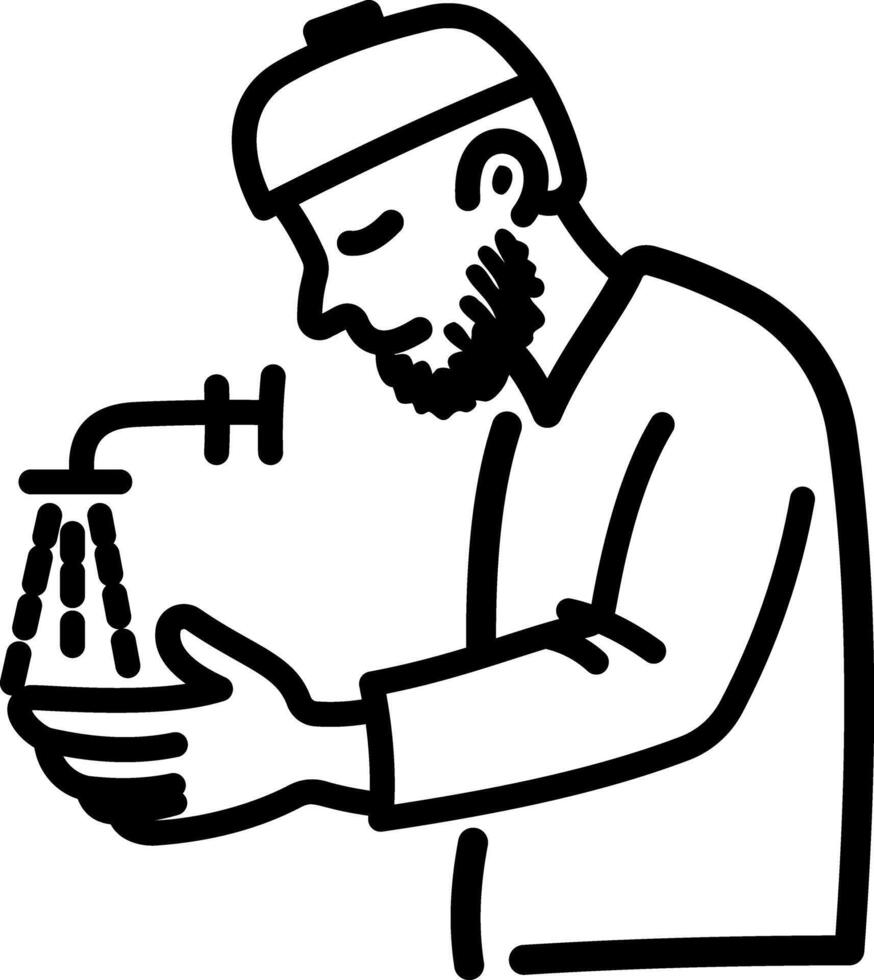 A doodle icon showing a muslim man performing ablution vector