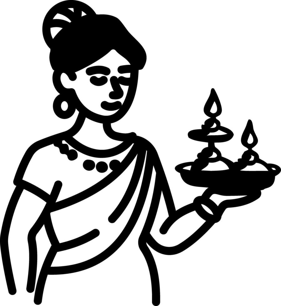 Hand drawn icon of hindu woman holding prayer candles vector