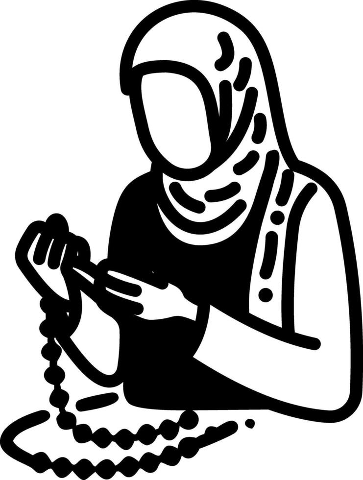 Muslim woman holding praying beads, doodle icon vector