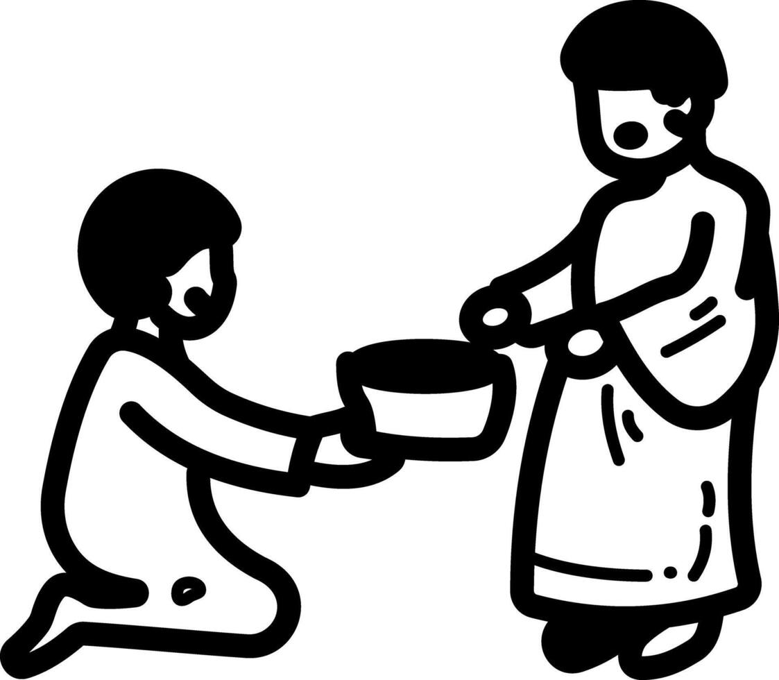 Hand drawn icon showing a person giving alms to poor vector