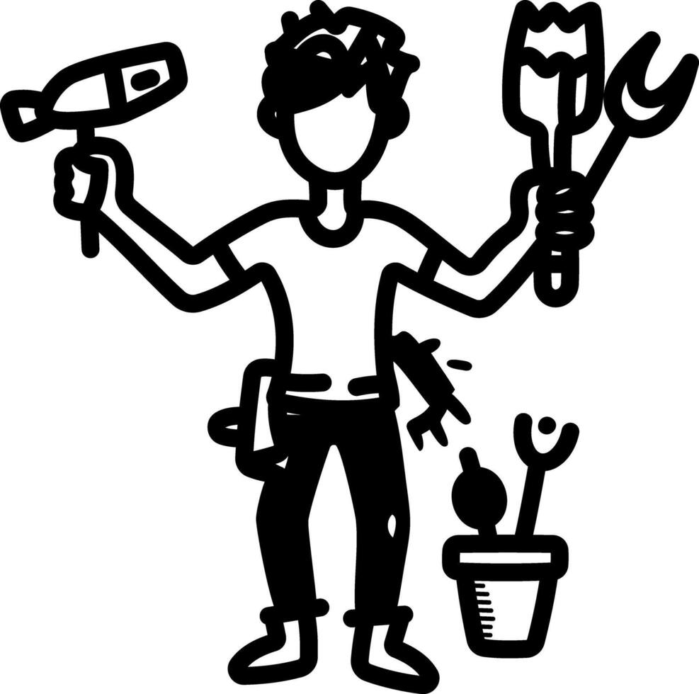 A person holding different gardening tools, hand drawn style icon vector