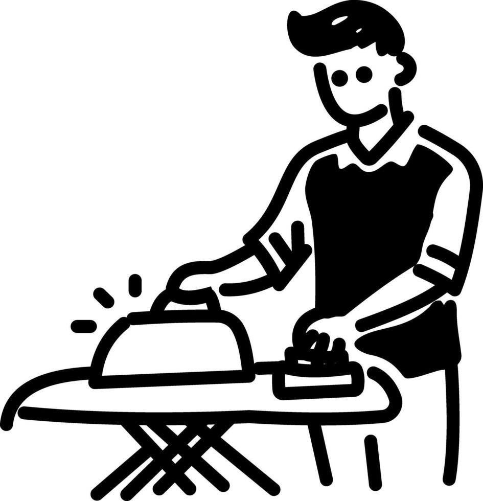 A person ironing clothes, hand drawn icon vector