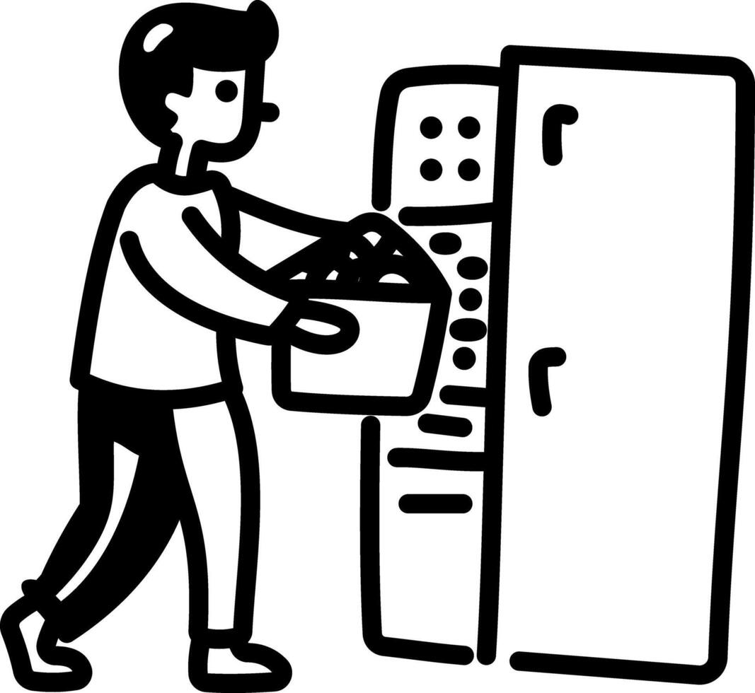 A hand drawn icon of a person cleaning refrigerator vector