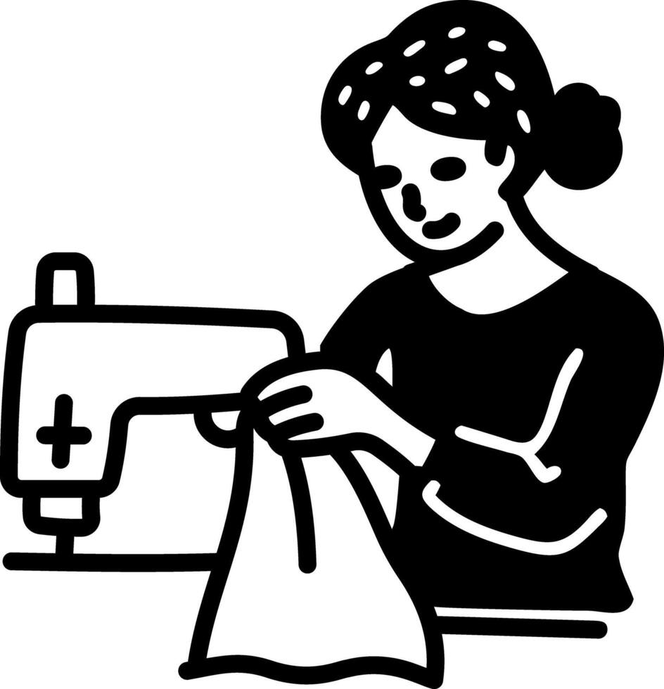 A woman sewing clothes with a machine, hand drawn icon vector