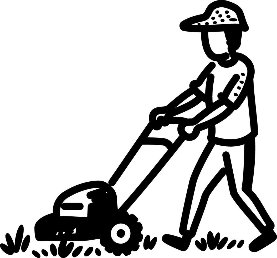 A hand drawn icon of a person cutting grass with lawn mower vector