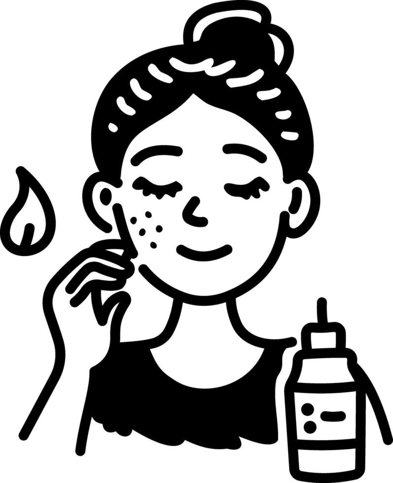 Woman applying serum on her face, doodle icon vector