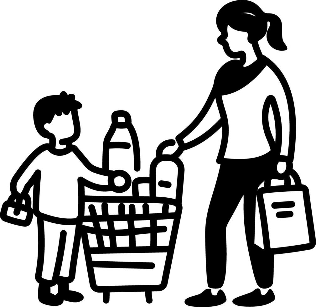 A hand drawn icon of a mother shopping with his child vector