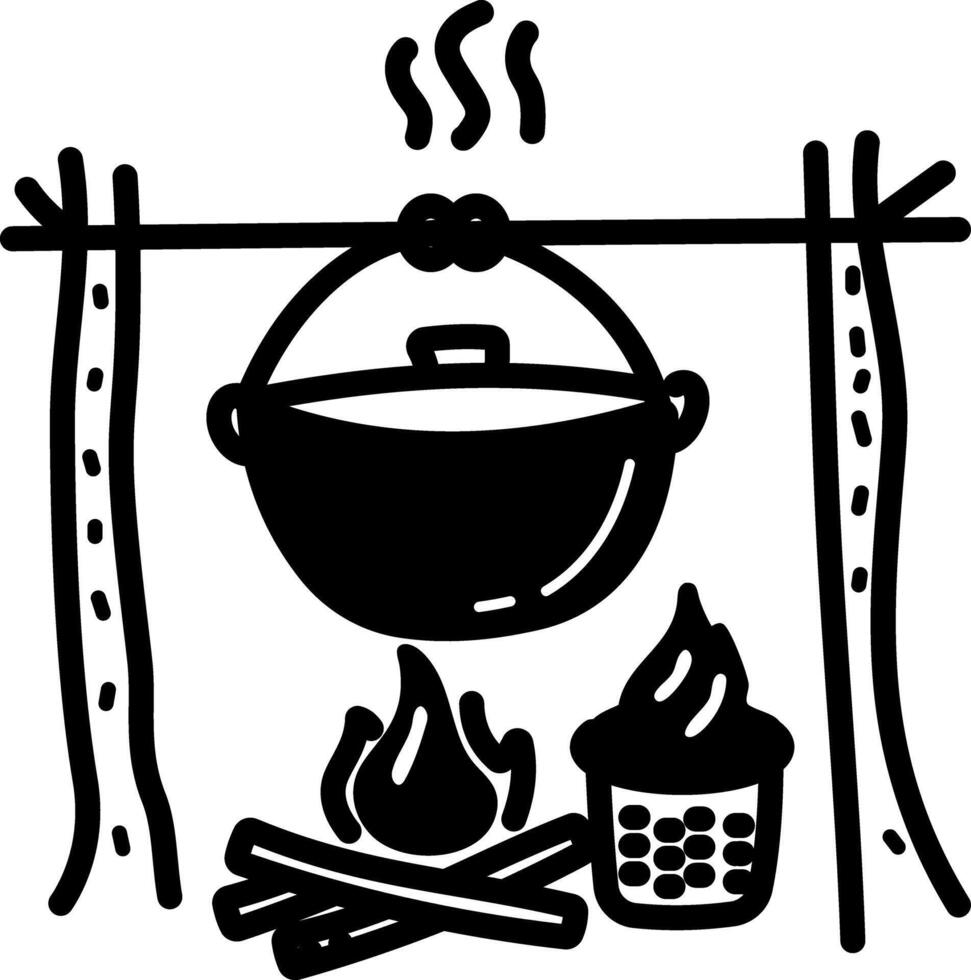 A hand drawn icon of camp cooking on fire vector