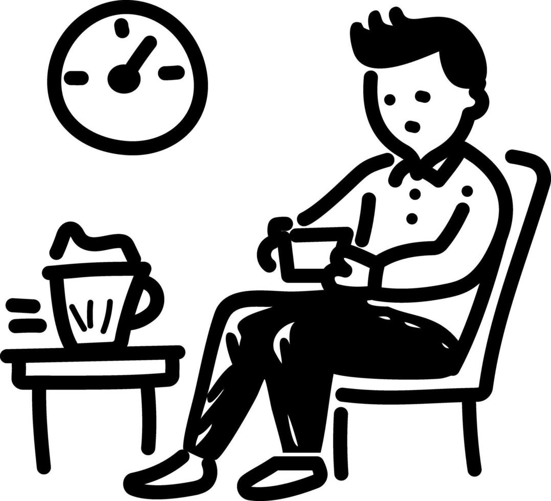 A man sitting on a chair waiting and holding a cup of tea, hand drawn icon vector