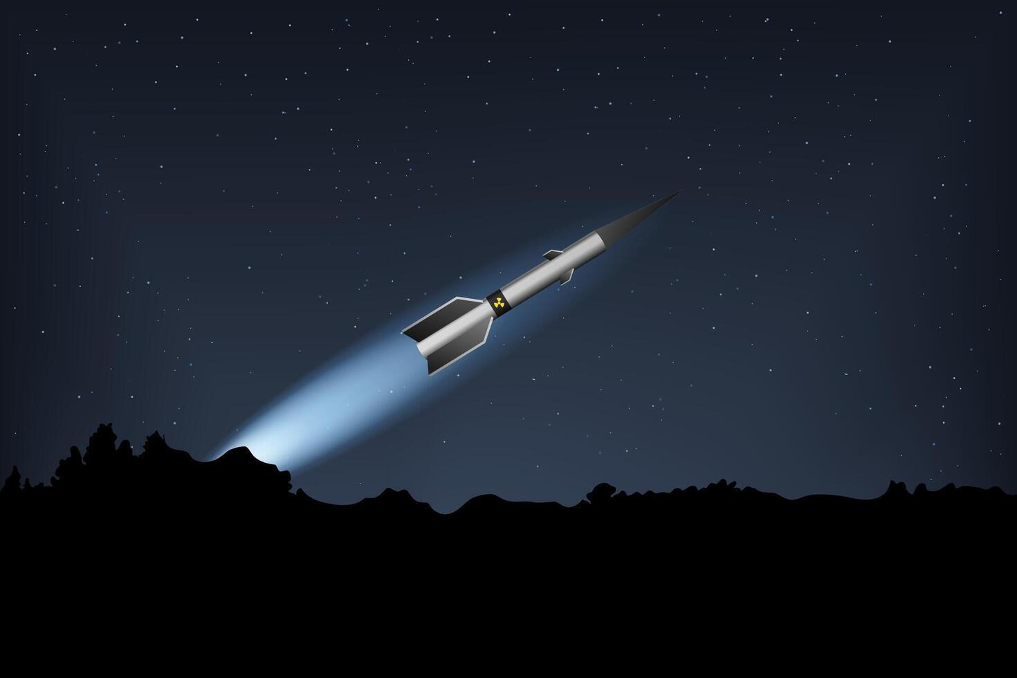 A nuclear missile flies in the night sky. Military forces. vector