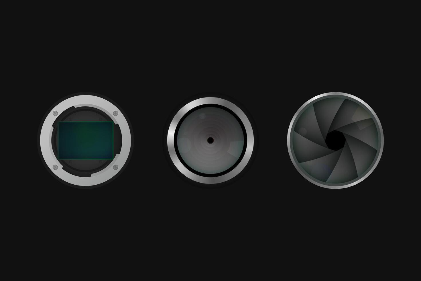 Image sensor, shutter and lens. Camera equipment. vector