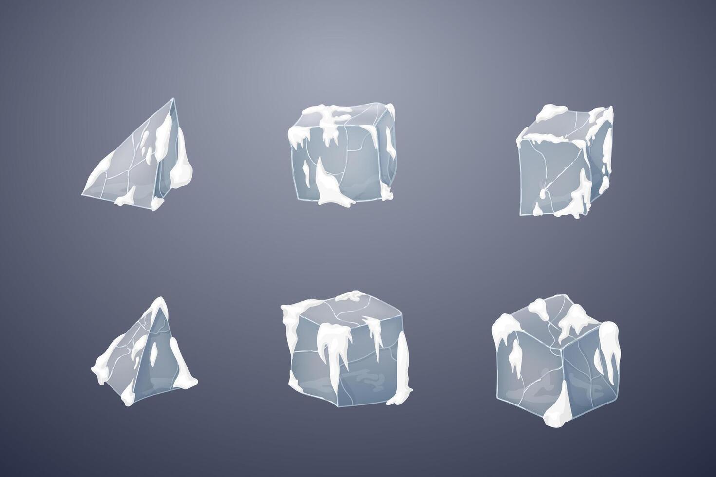 Set of transparency ice cubes and pyramids. Winters snow design. Dark background. vector