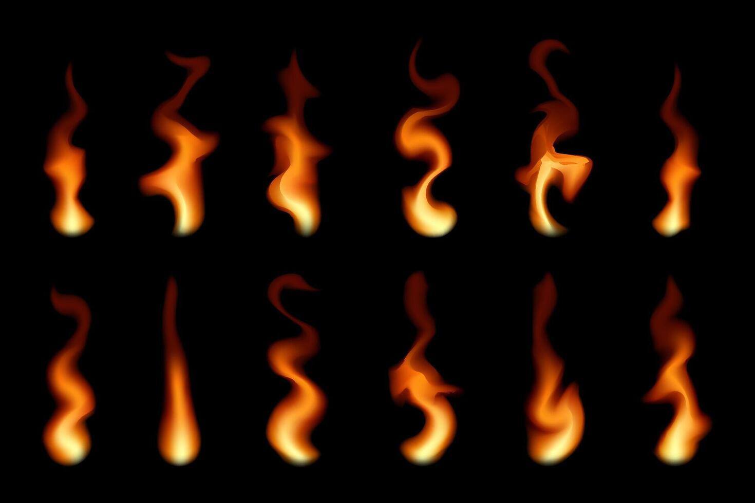 Set of transparent fire flames. Blaze illustration on black background vector