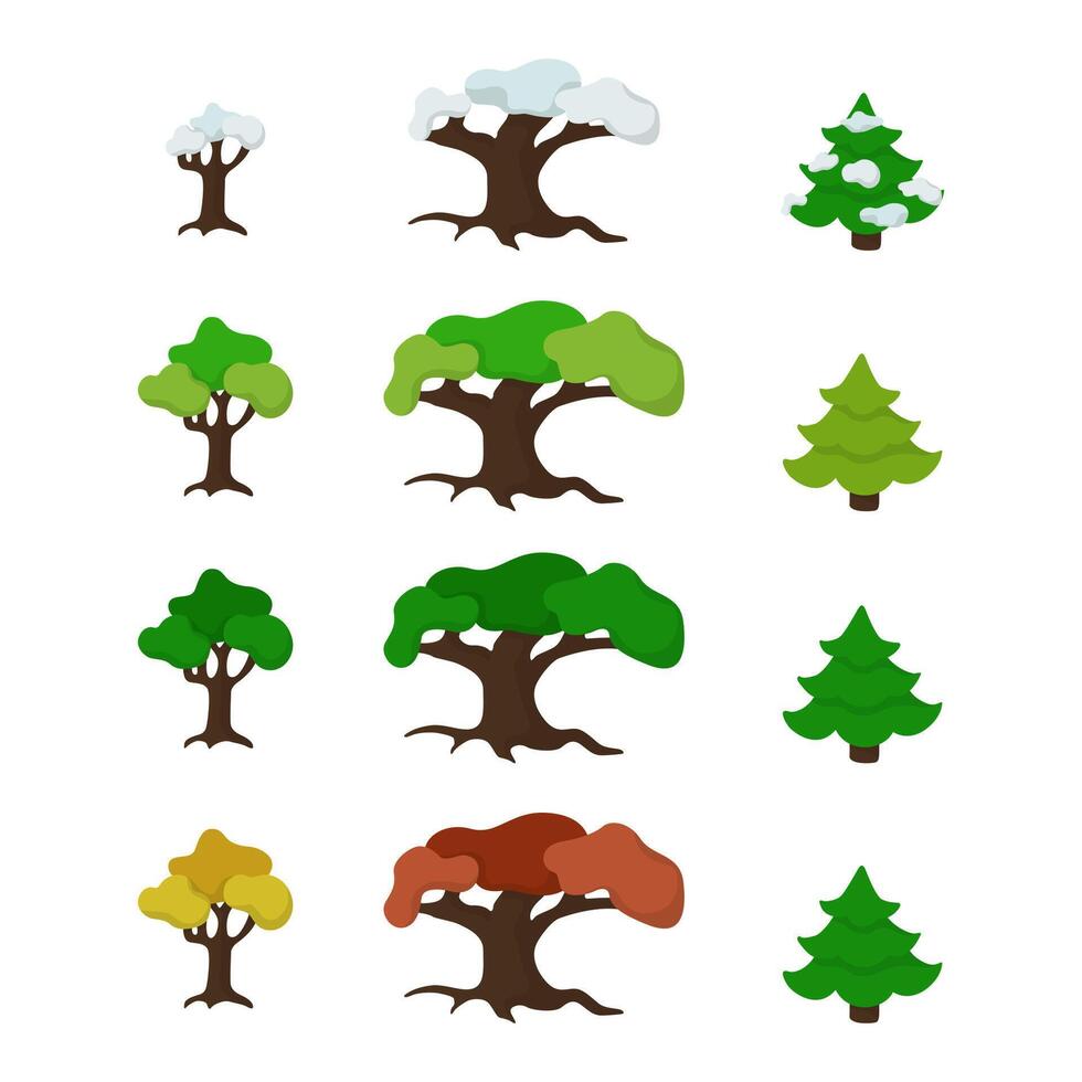 Trees set of four seasons. Spring, summer, autumn and winter nature. vector