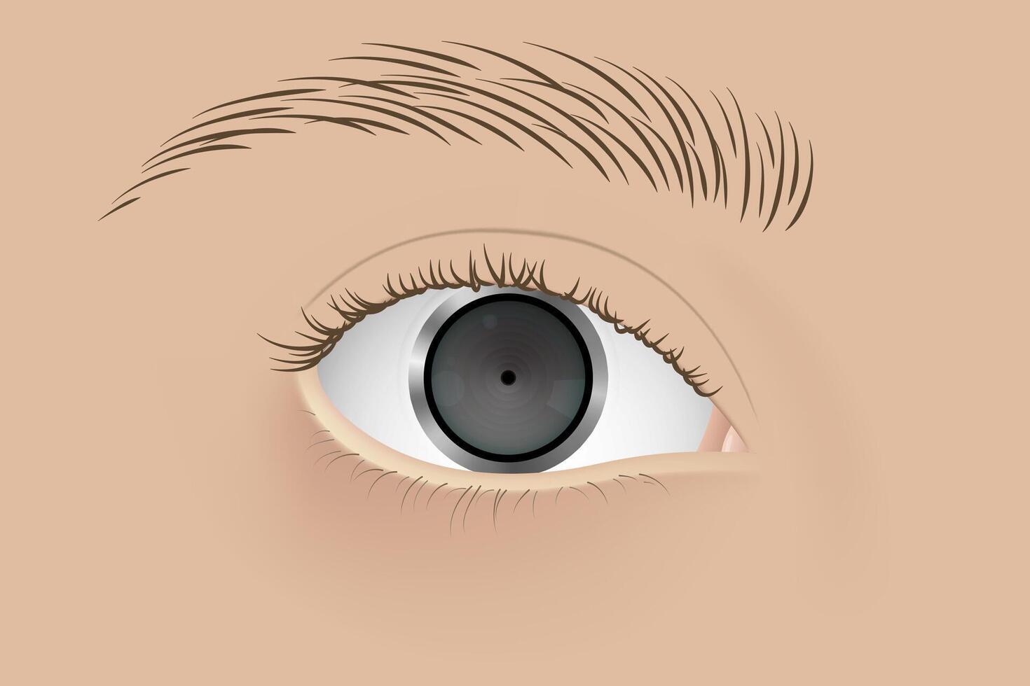 Human cyborg with camera inside eye. Realistic photographic equipment instead of eyeball vector