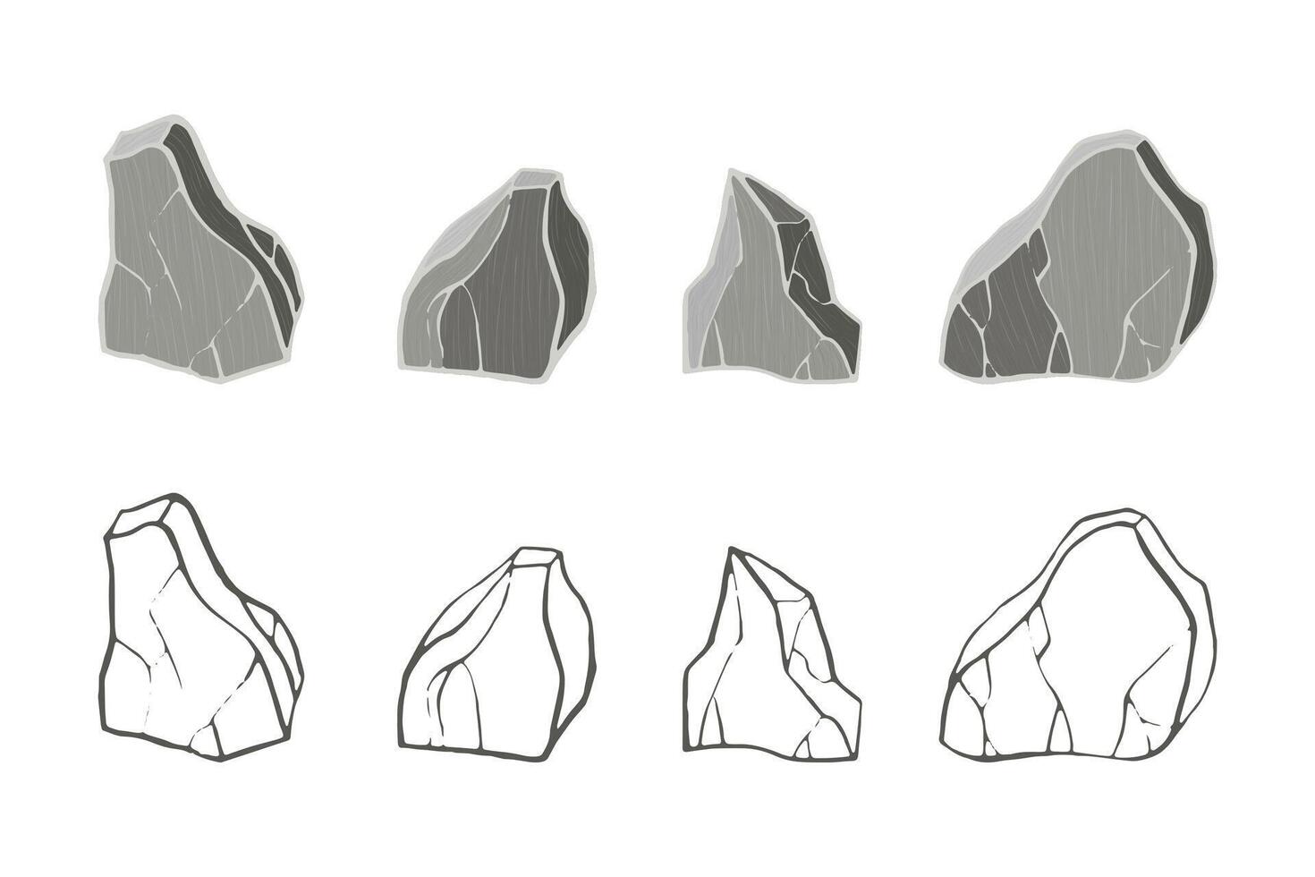 Debris stone set. Different rock blocks. 3d realistic and outline shape. vector