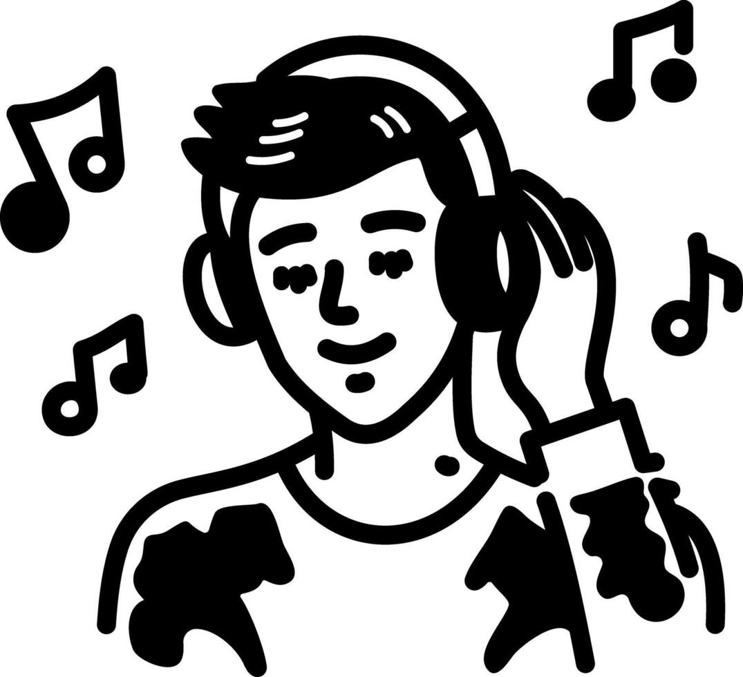A person wearing headphones and listening music, hand drawn icon vector