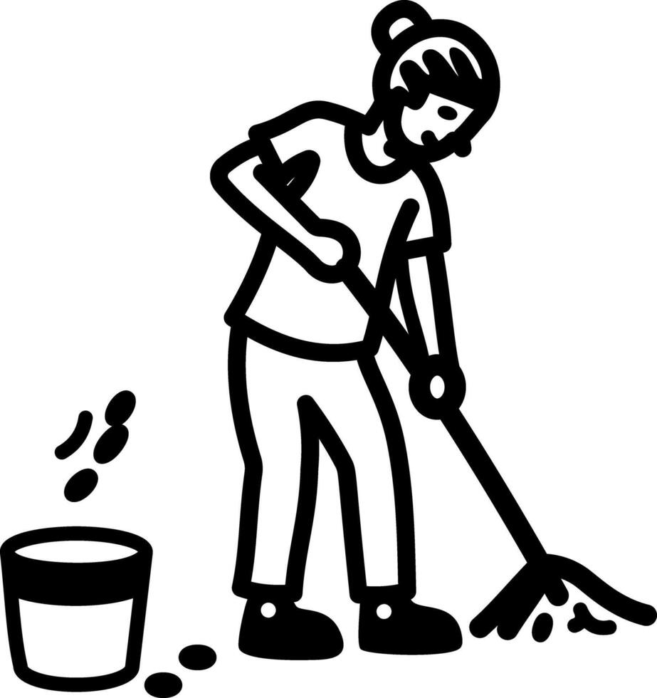 A hand drawn icon of a woman raking fallen leaves vector