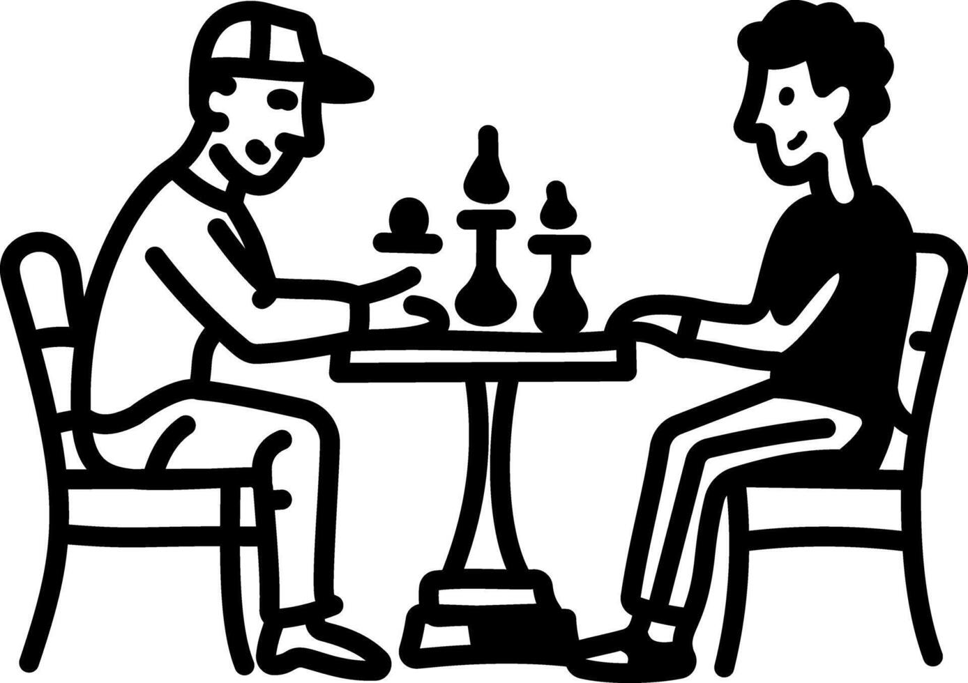 Two persons sitting on a table and playing chess, hand drawn icon vector