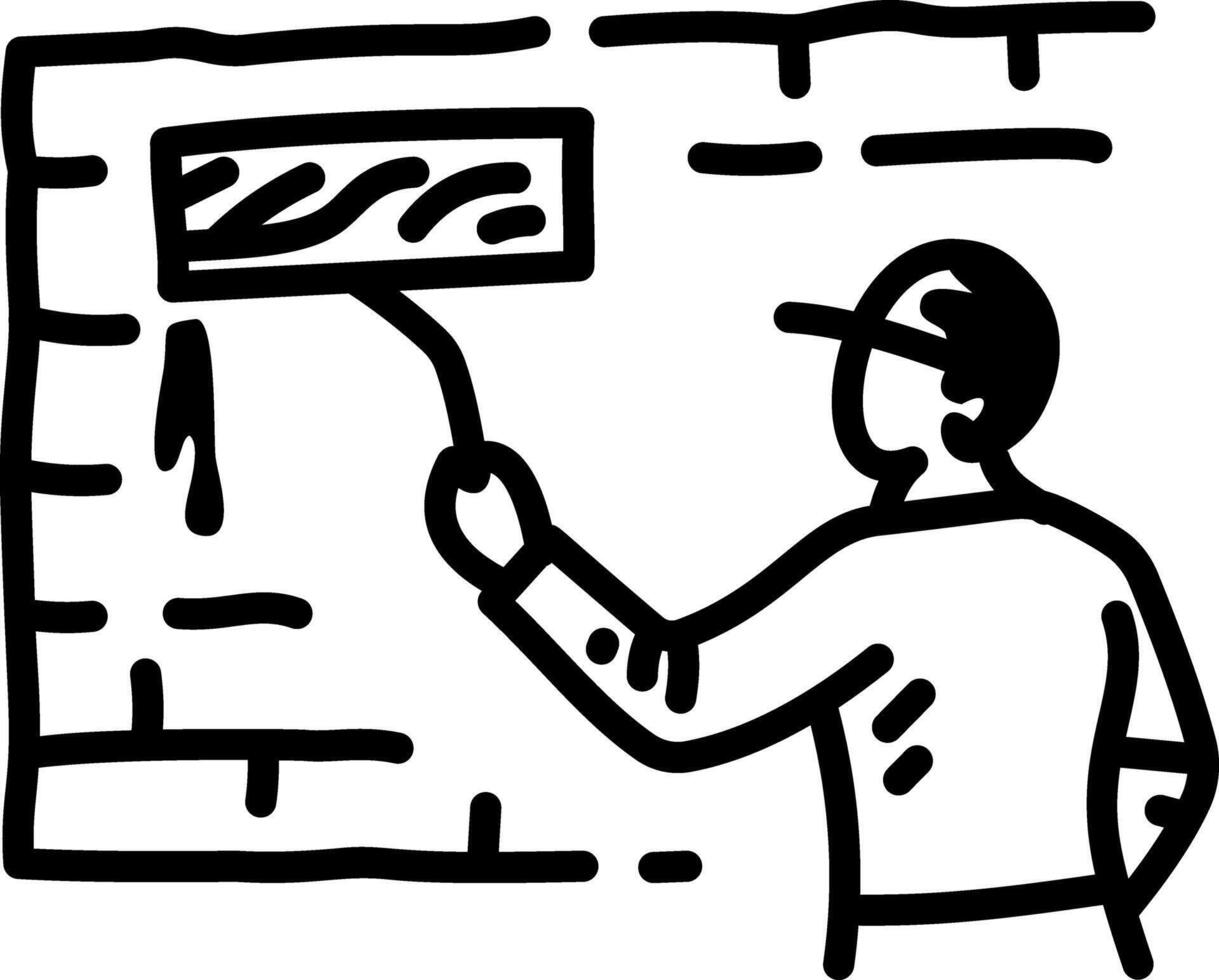 A hand drawn icon of a person painting wall with a roller vector