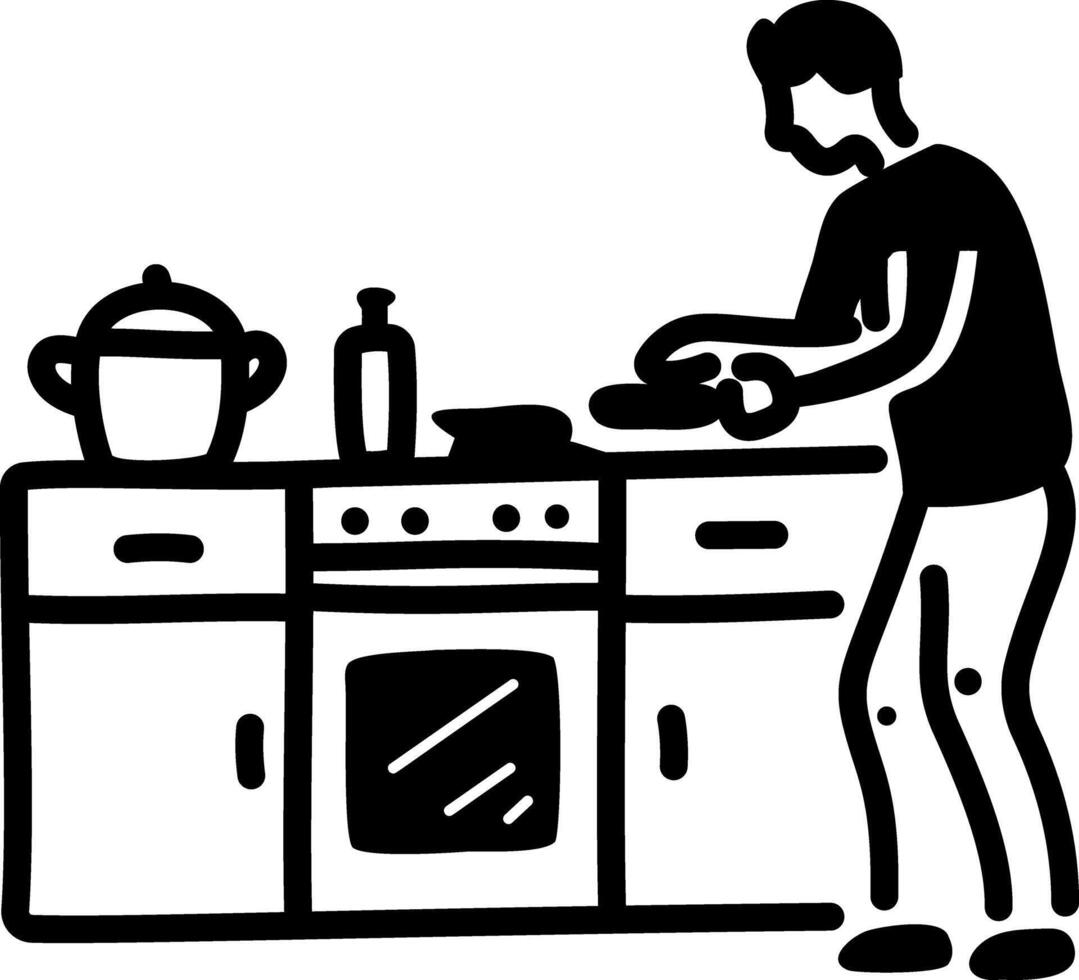 A hand drawn icon of a person cooking food in a kitchen vector