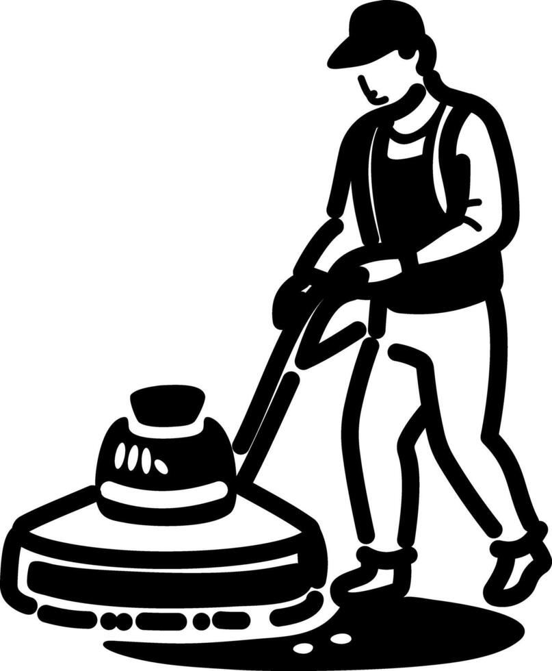 A hand drawn icon of a person cutting grass with lawn mower vector