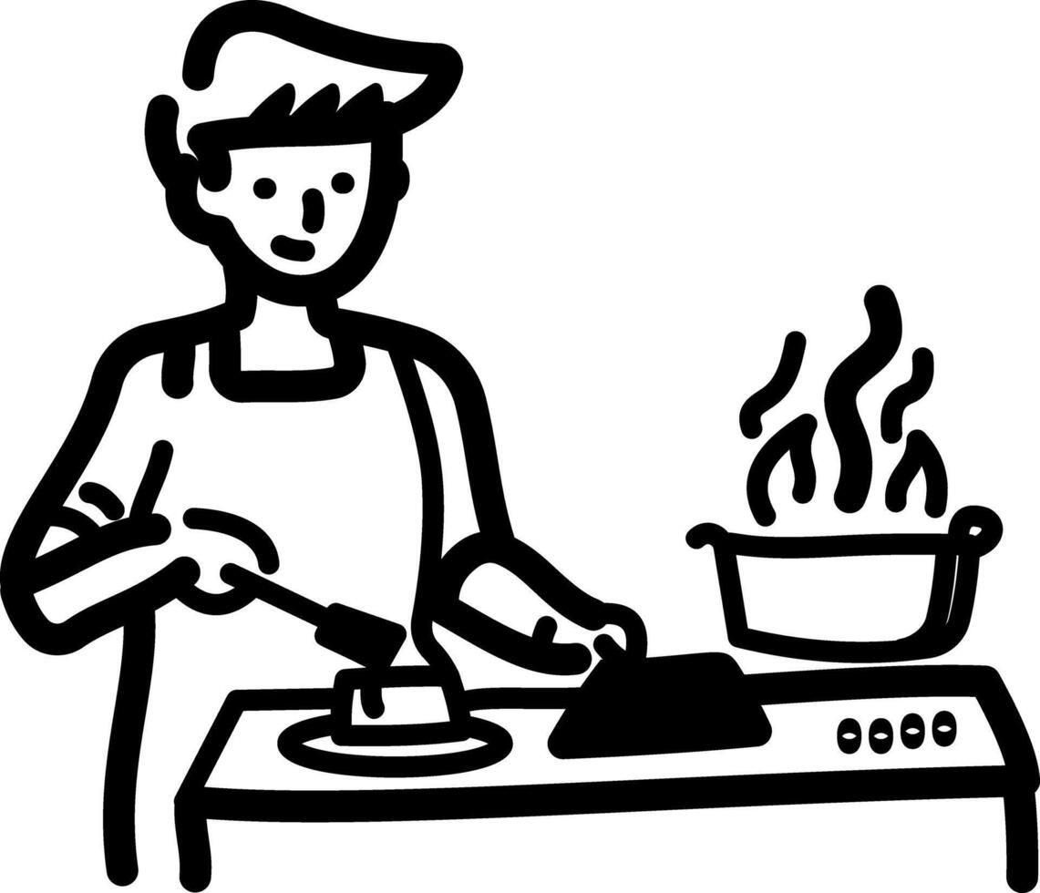A hand drawn icon of a character cooking food in kitchen vector