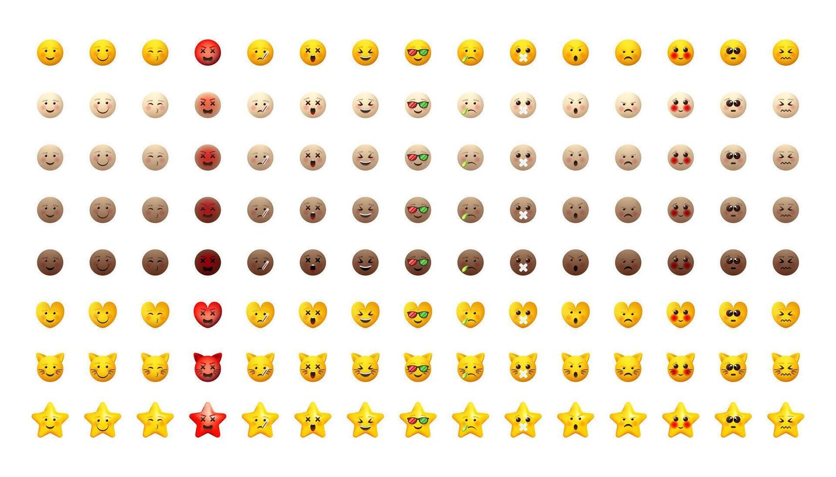 Emoji set. Emoticons pack for web and mobile applications. Facial signs for messengers and chats. Yellow and different skin tones icons. vector