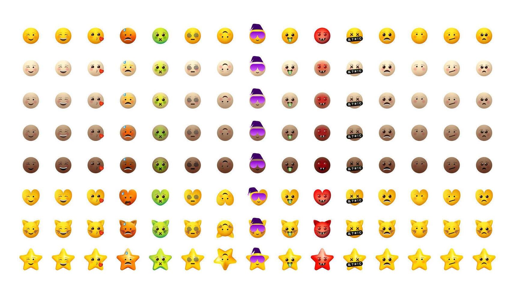 Emoji set. Emoticons pack for web and mobile applications. Facial signs for messengers and apps. Yellow and different skin tones icons. vector