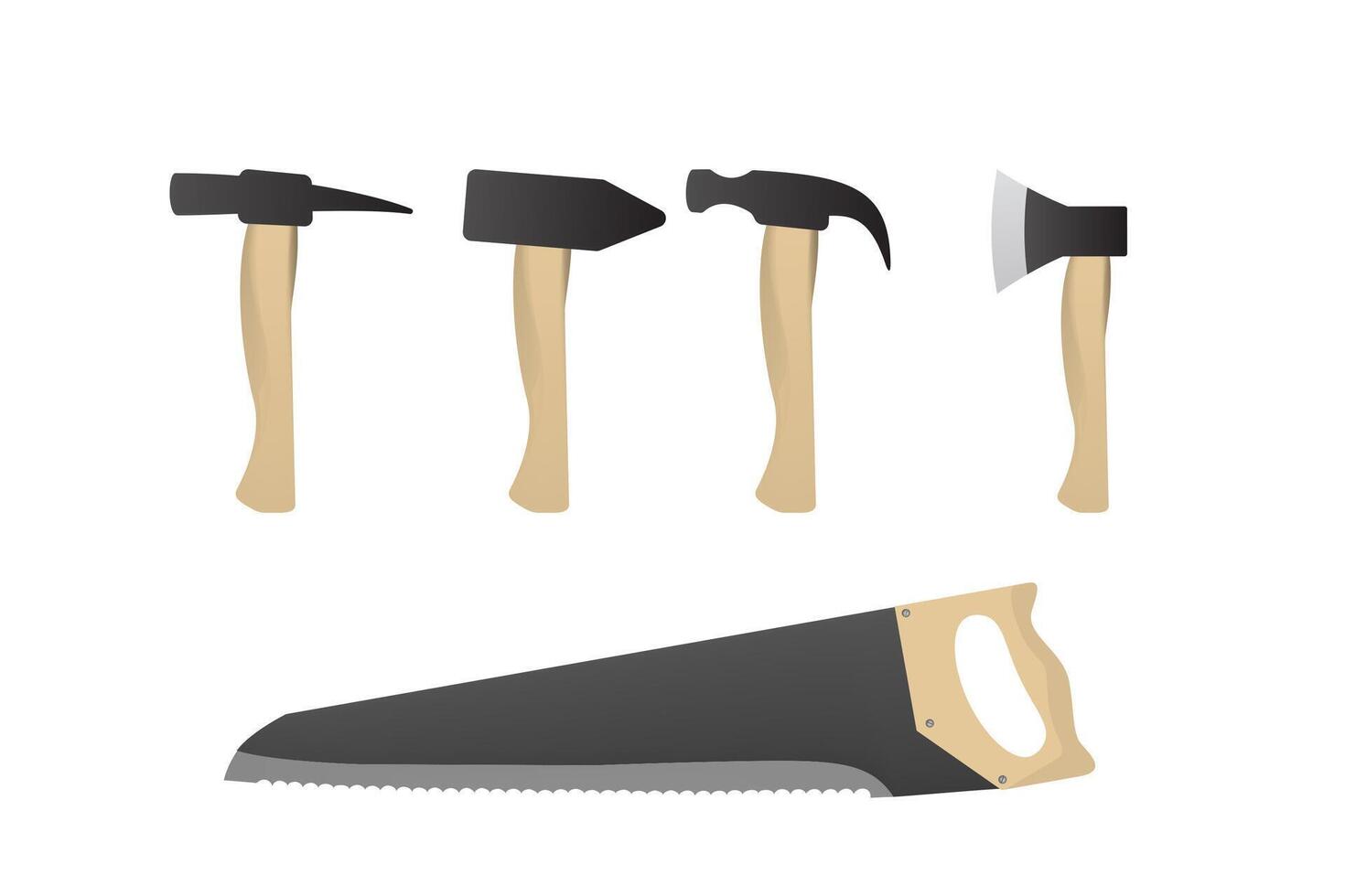 Hammer, axe and hand saw. Work tools. vector