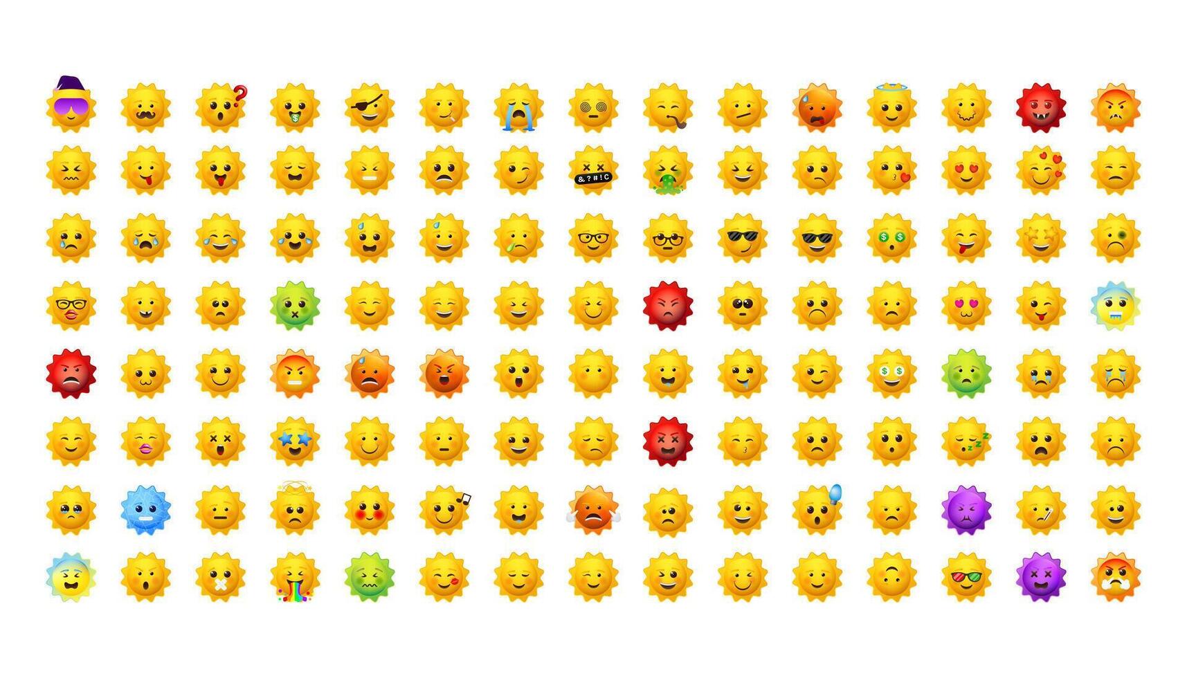 Big yellow sun emoji set. Face emoticons pack for web and mobile applications. Facial signs for messengers and apps. vector